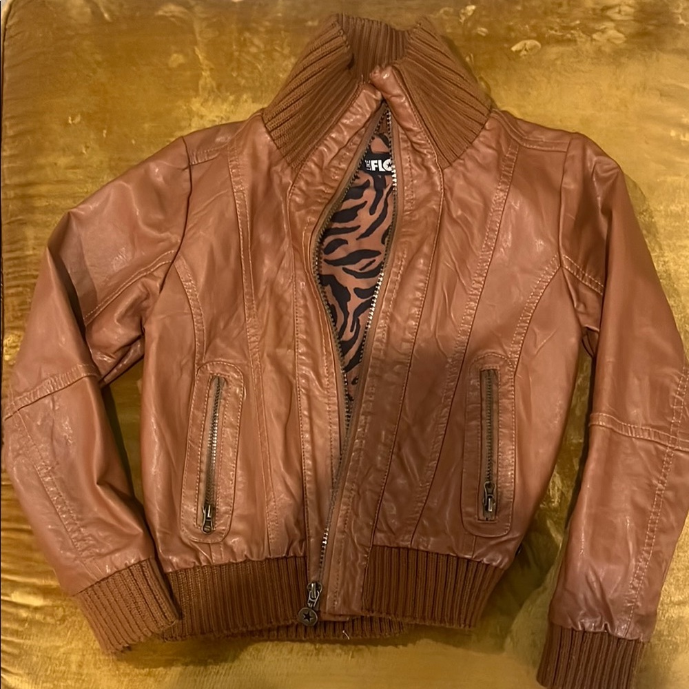 Brown Leather Jacket with Ribbed Collar. New without tags.